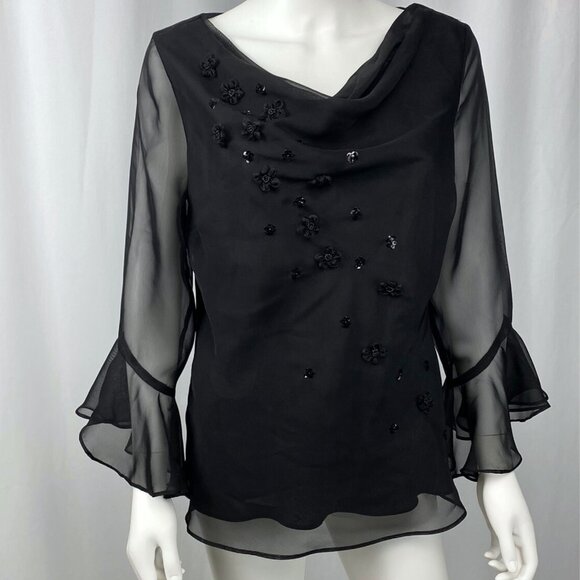Vintage Y2K whimsigoth black embellished cowl neck flounce sleeve blouse medium - Picture 3 of 5